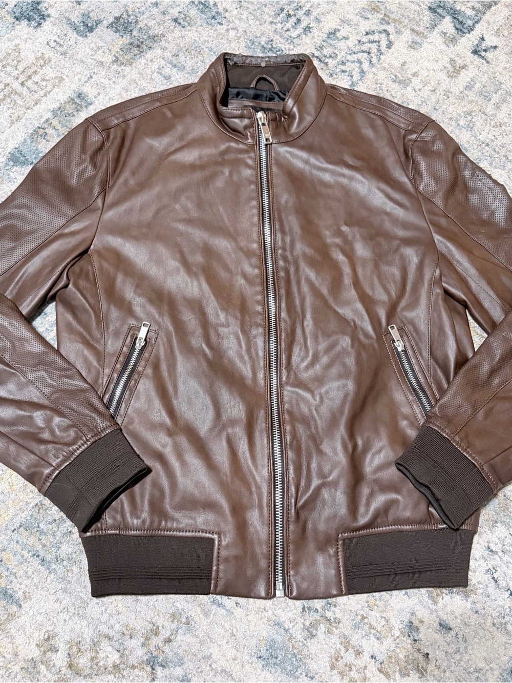 Zara Men's Brown Faux  Leather Bomber Jacket - Medium-